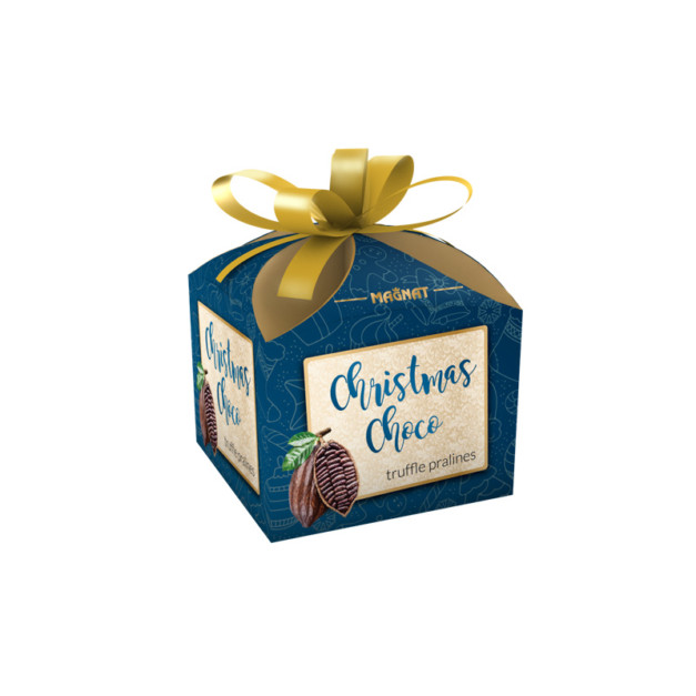 truffle pralines in a small gift box with a bow by Magnat