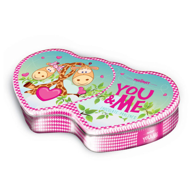 Pralines in a double heart tin box