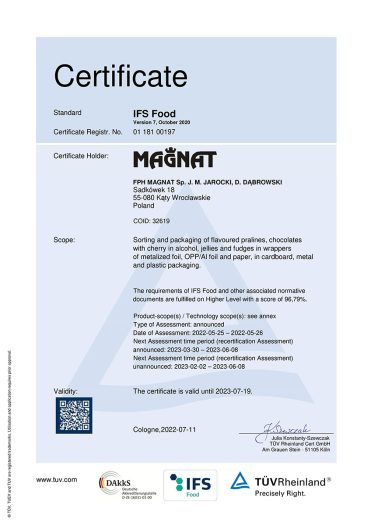 Magnat Pralines IFS Certificate 2022
